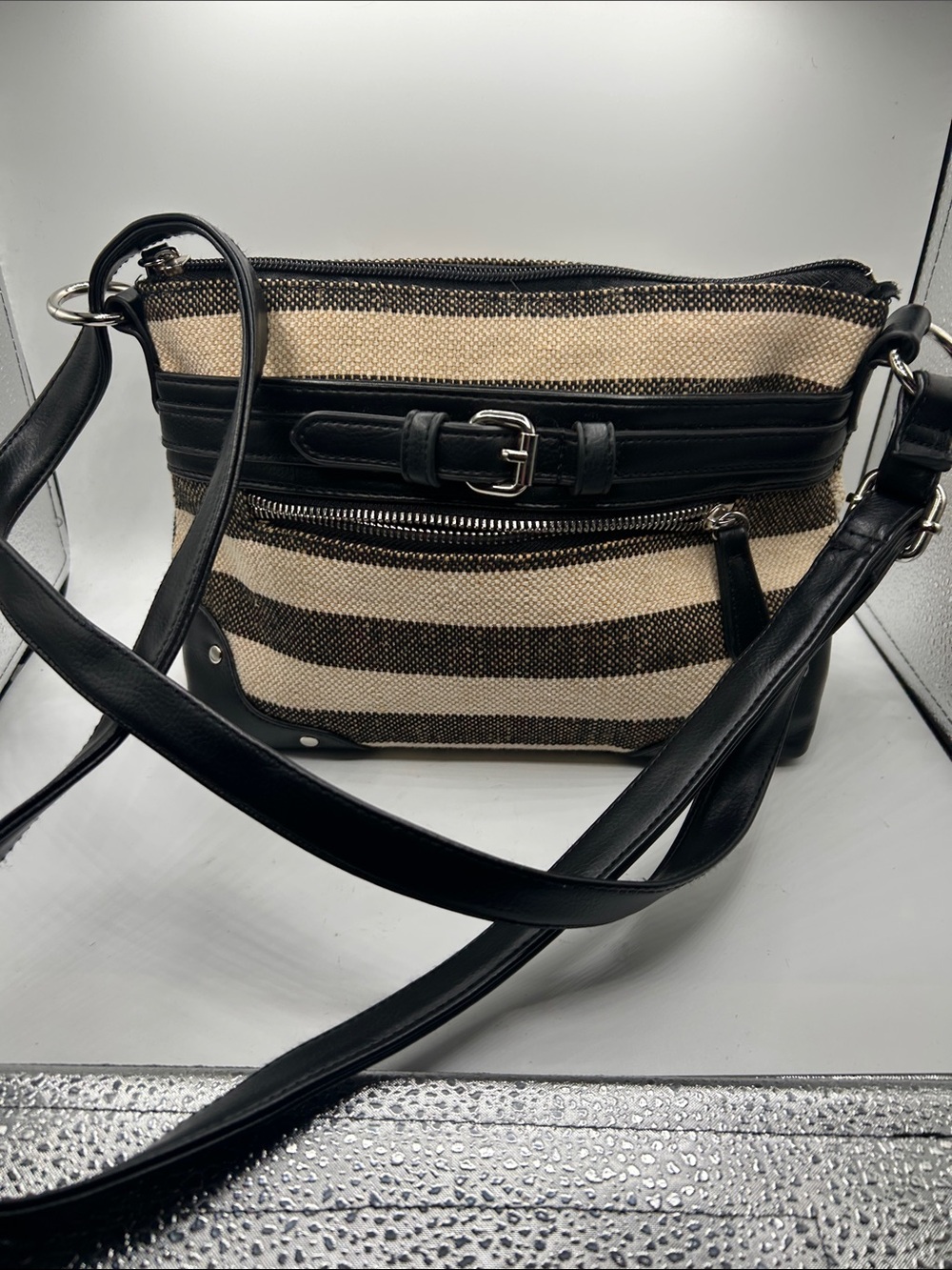 Fashion Nova Black & Cream Striped Crossbody Bag